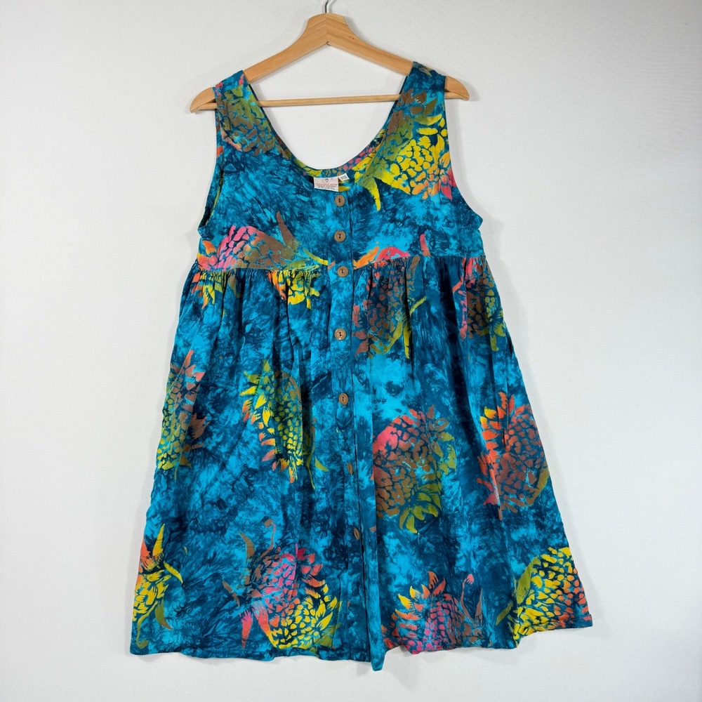 Pineapple Moon Dress Womens One Size Blue Tropical Batik Pineapple Boho Coastal